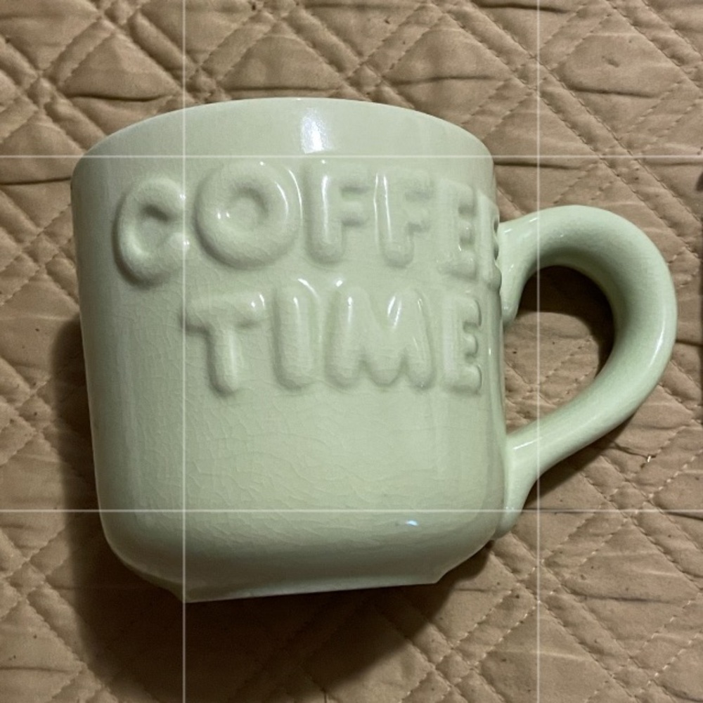 $12 Light green “COFFEE TIME” mug, size in pics, not chips. Heavy